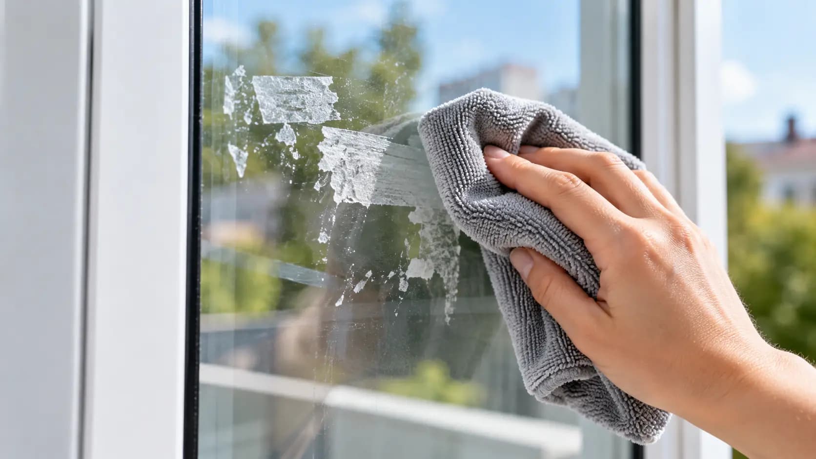 Klaasilt kleebise liimijääkide eemaldamine pehme lapiga